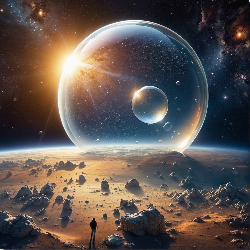 Cosmic Landscape with Alien Terrain and Starry Sky