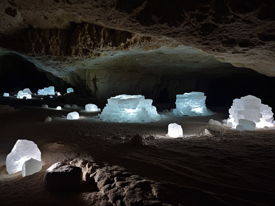 Underground cave with blue light and ice formations