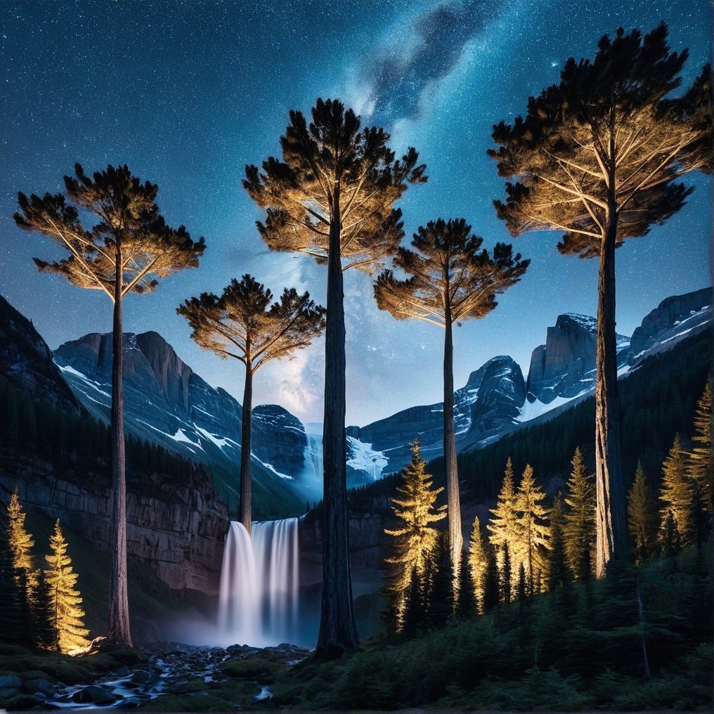 Serene Night Landscape with Stars and Waterfall