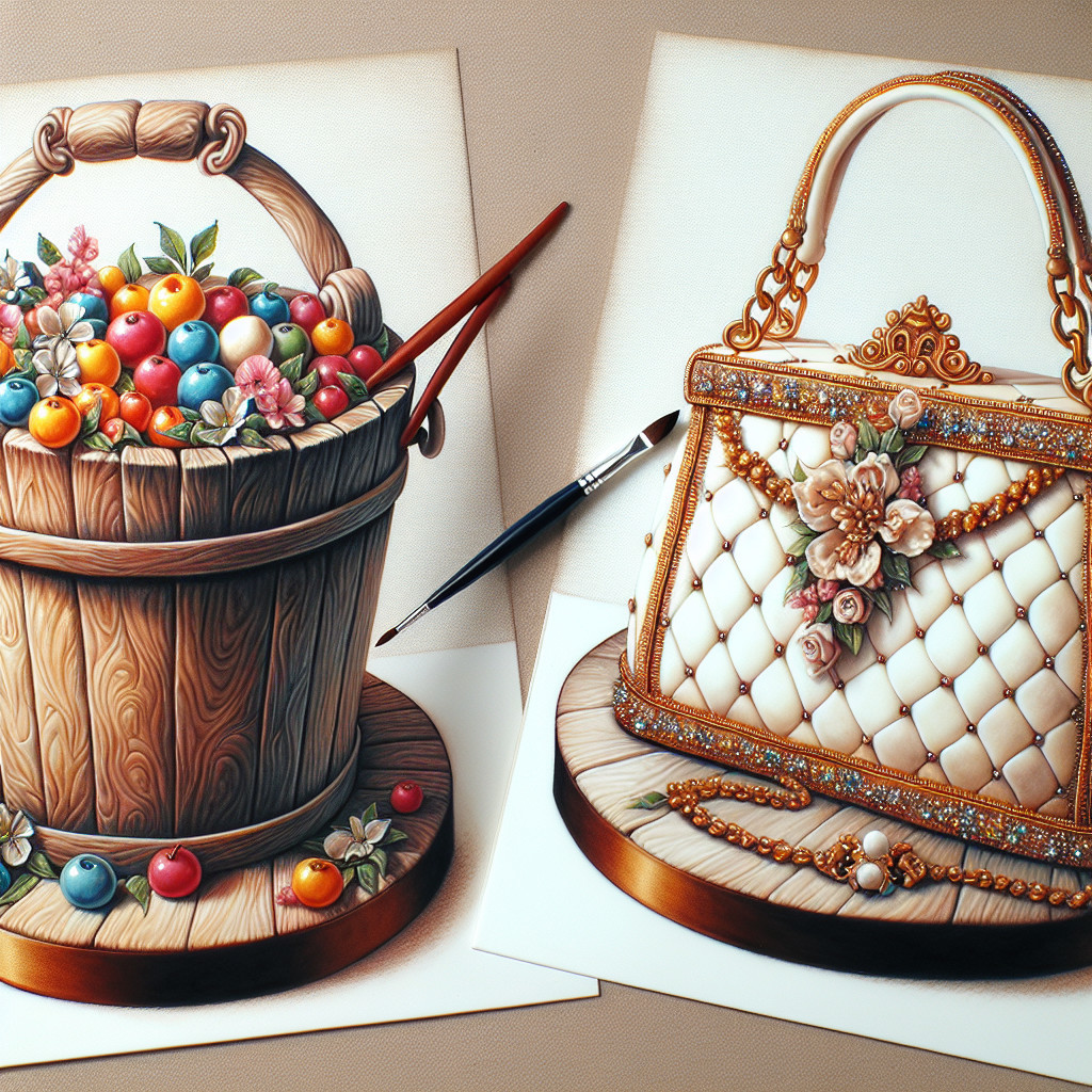 Drawings of Fruits in Bucket and Elegant Handbag