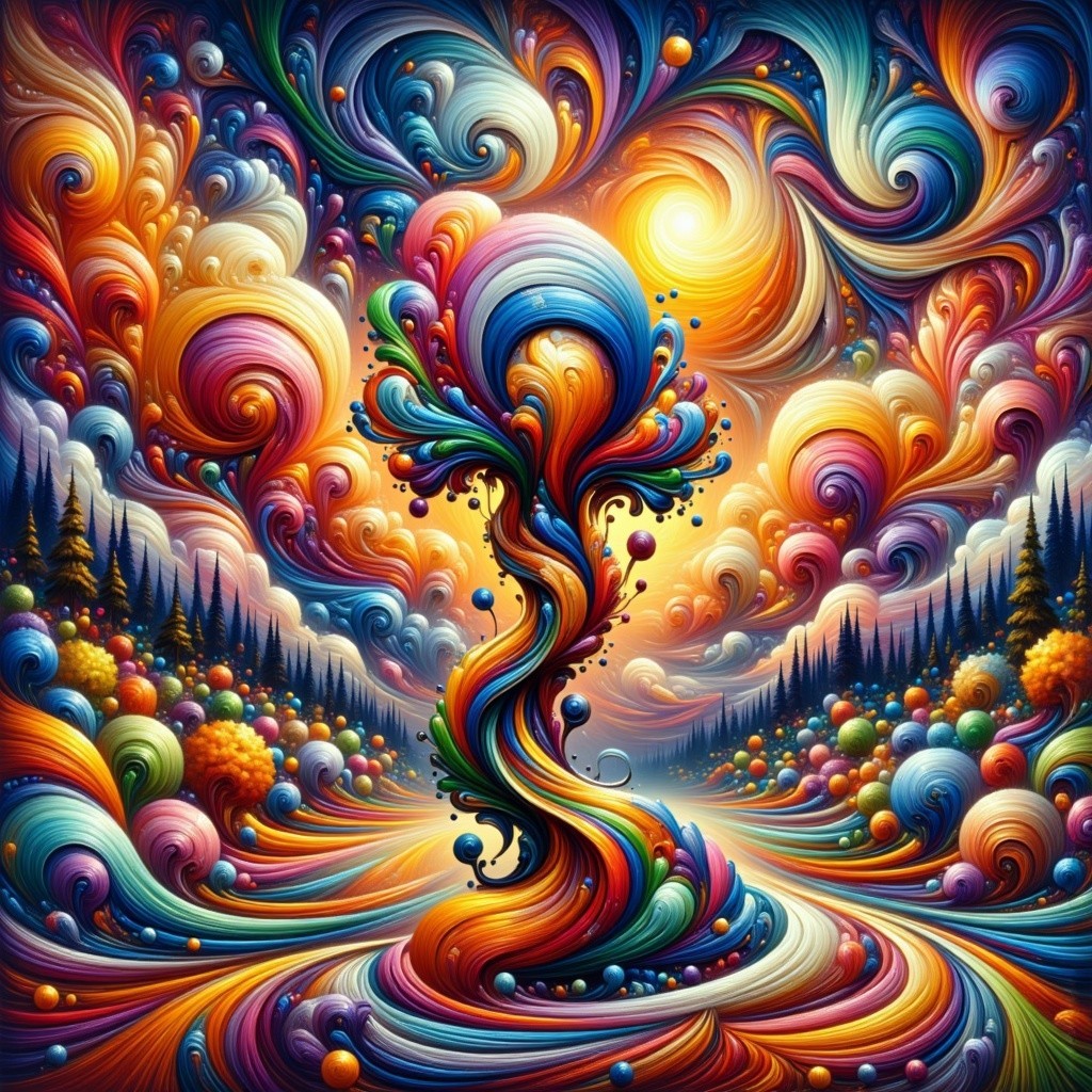 Vibrant Abstract Landscape with Colorful Tree Centerpiece