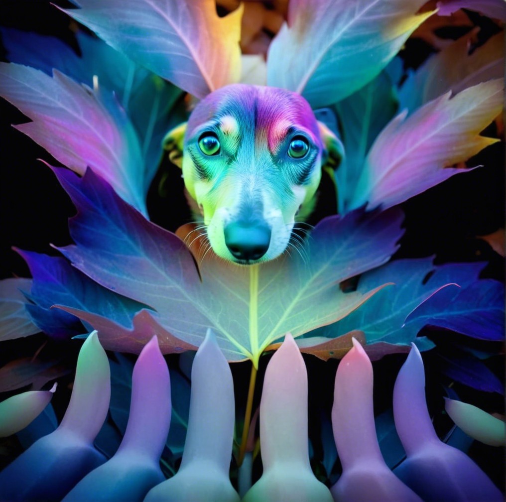 Vibrant Dog Amid Multicolored Leaves and Abstract Shapes