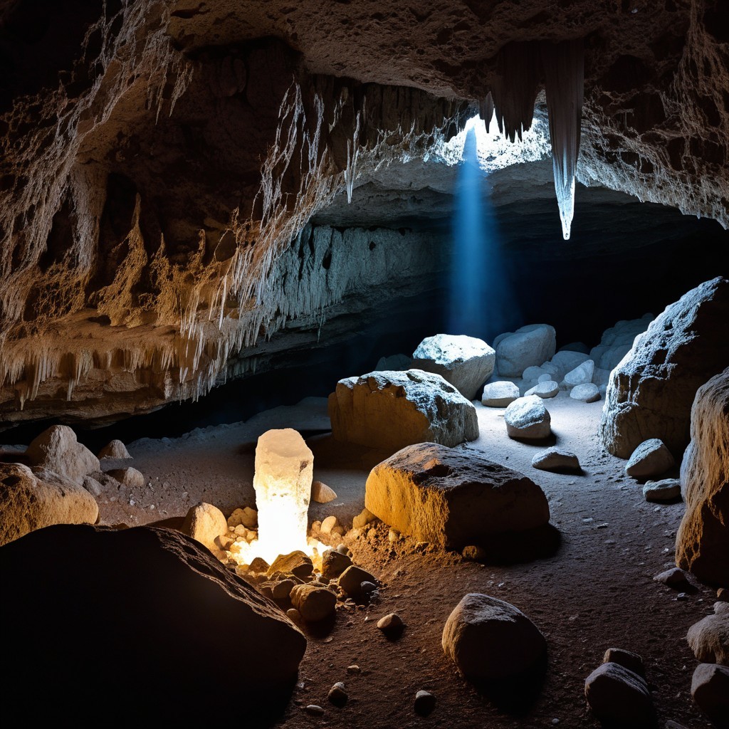 Underground Cave with Light Beam and Stalactites