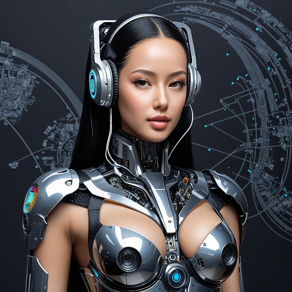 Futuristic Cyborg with Metallic Features and Headphones