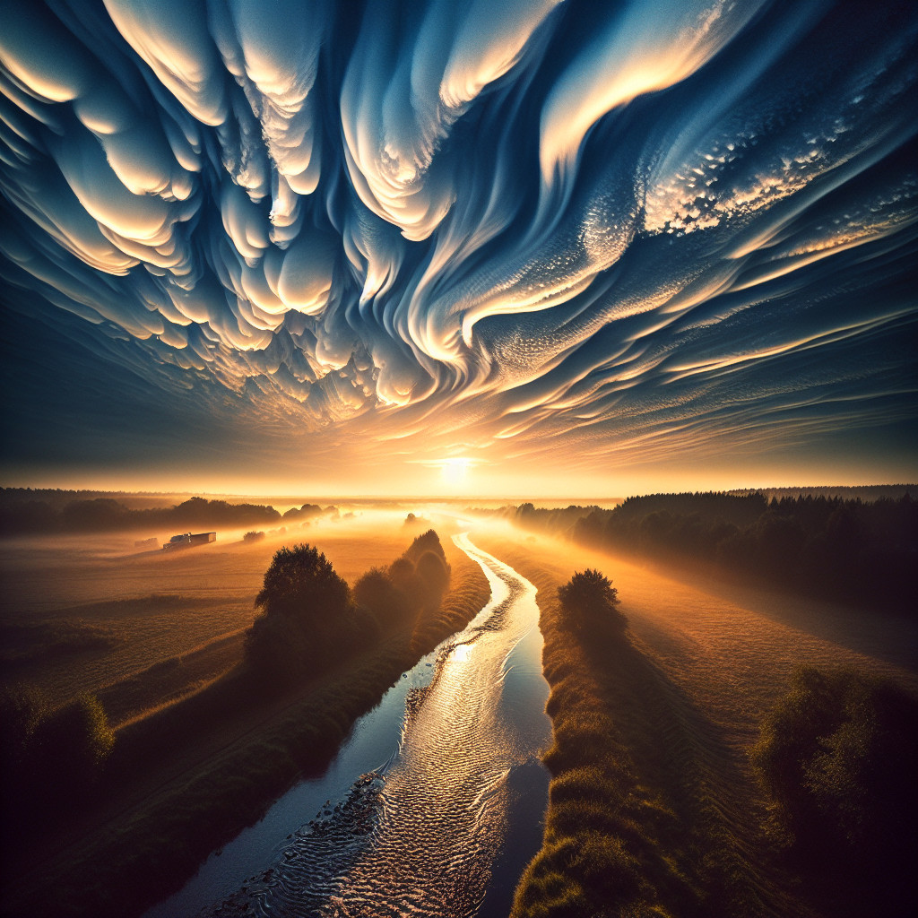 Winding River in Lush Fields at Sunrise