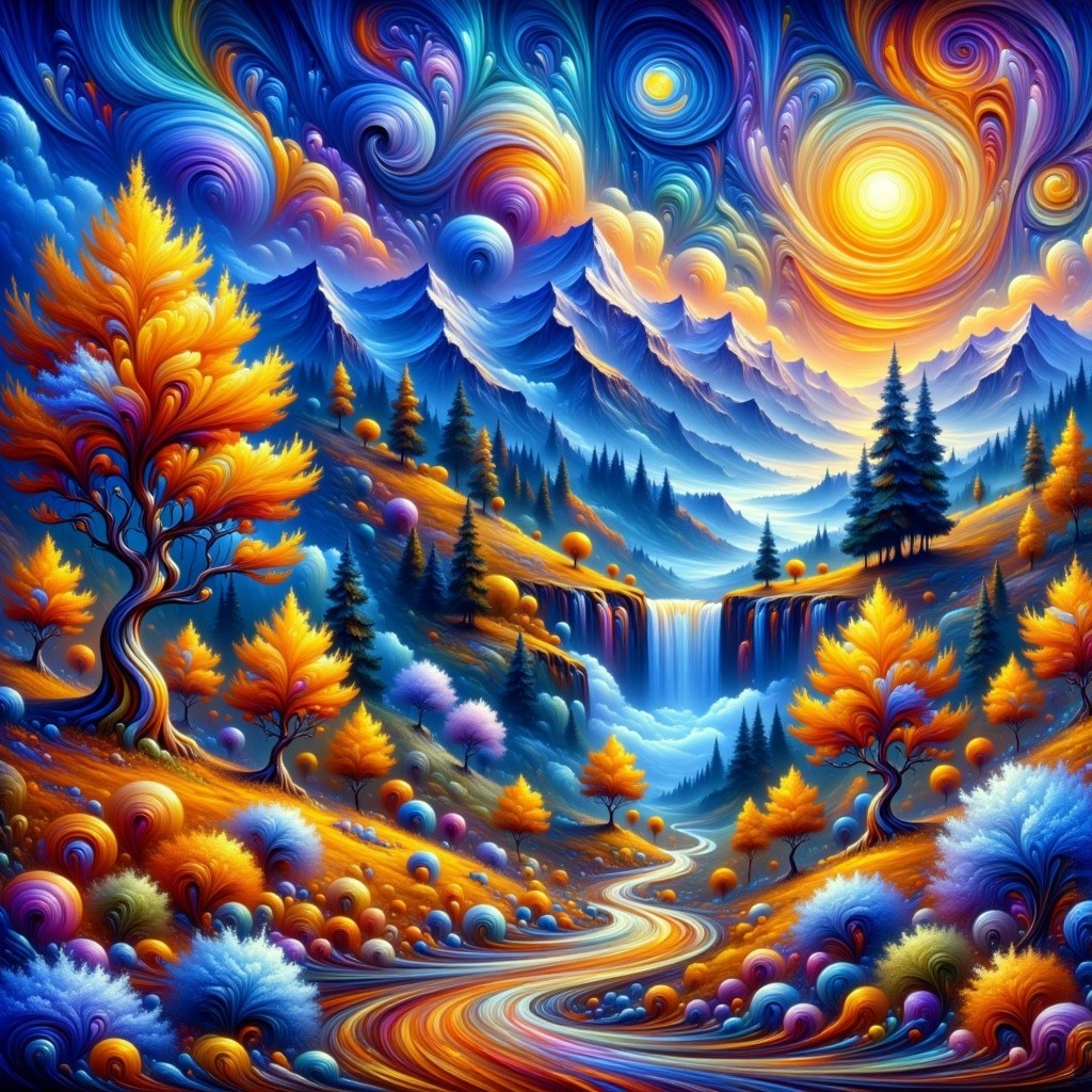 Vibrant Landscape with Majestic Mountains and Waterfall