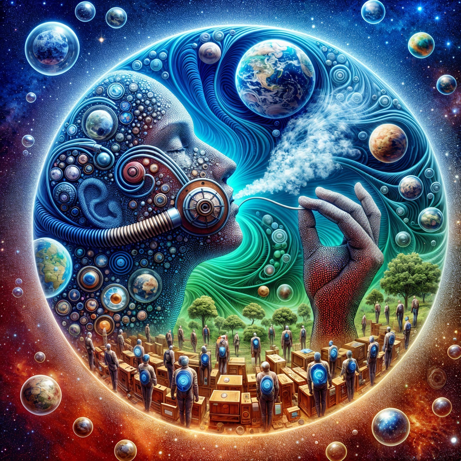 Cosmic Scene with Human Face and Abstract Figures
