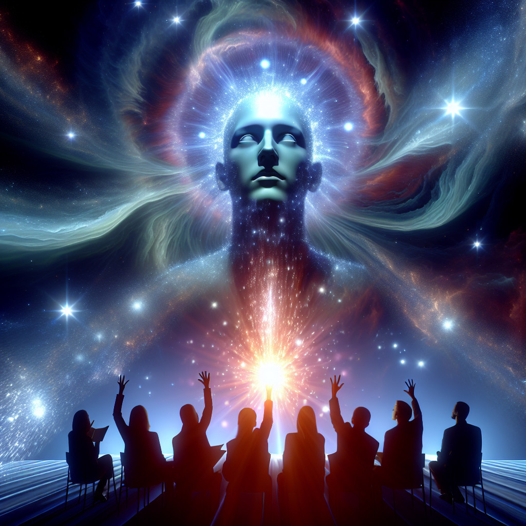 Silhouetted Figures in Cosmic Circle Under Luminous Face