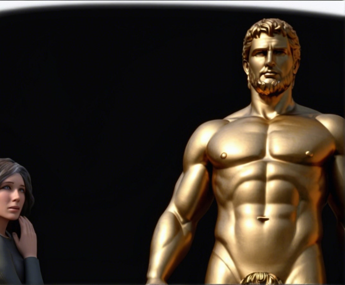 Golden statue of a muscular figure with contemplative woman