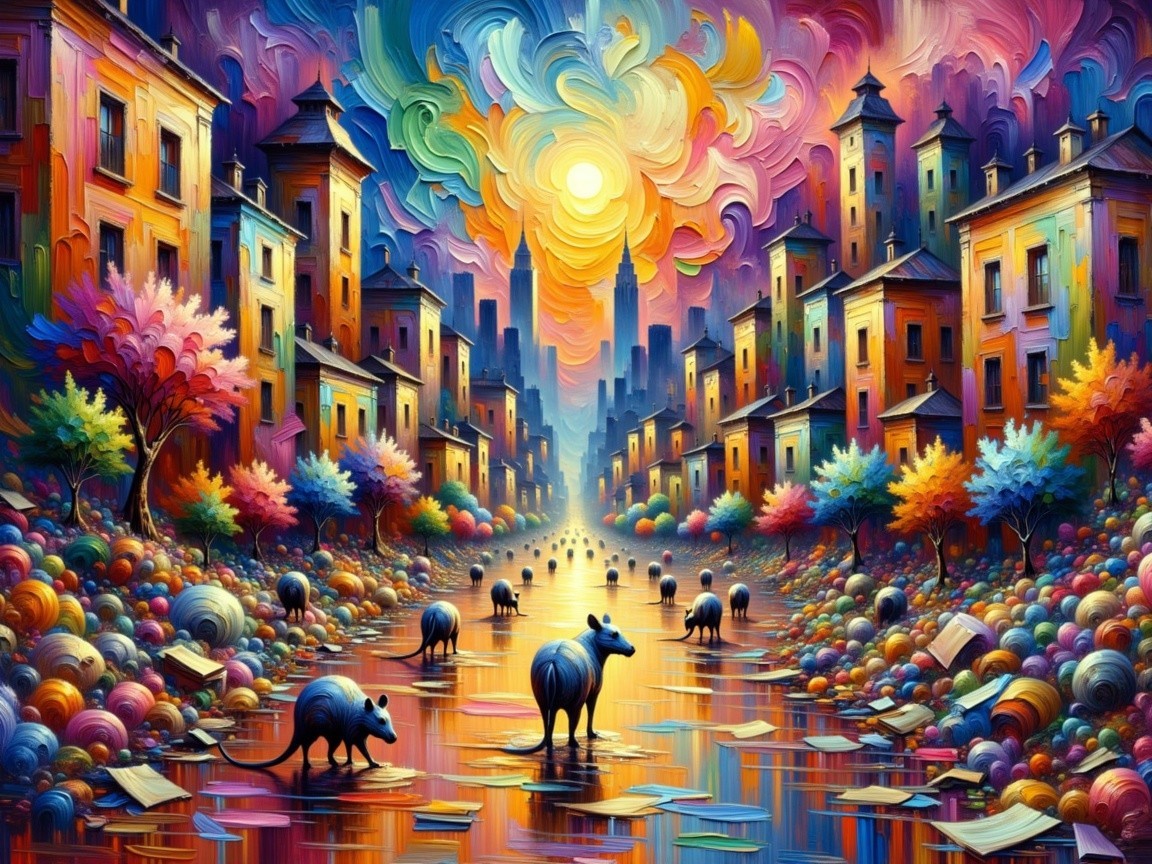 Surreal Cityscape with Colorful Clouds and Silhouettes