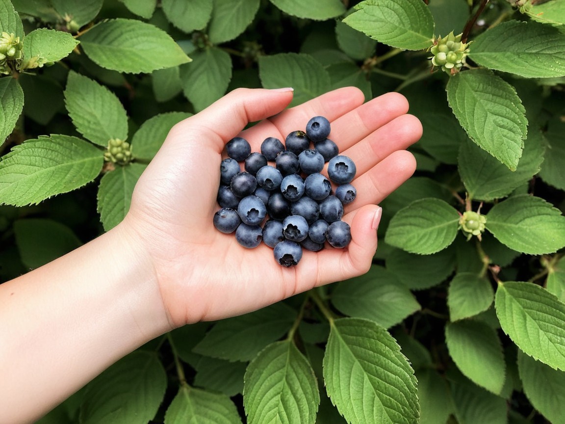 Handful of Ripe Blueberries Against Green Leaves