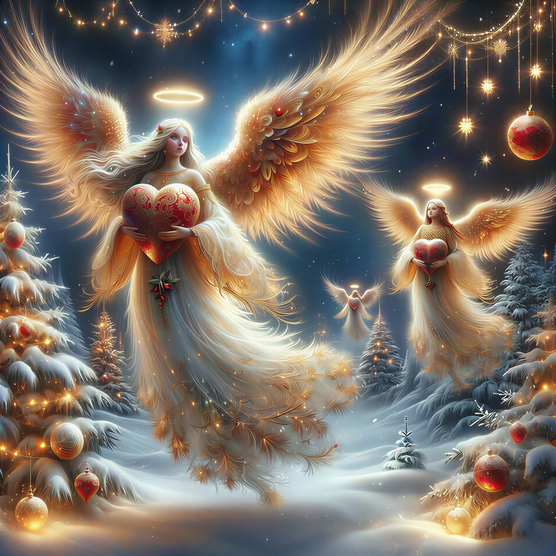 Angels with Hearts in a Snowy Christmas Landscape