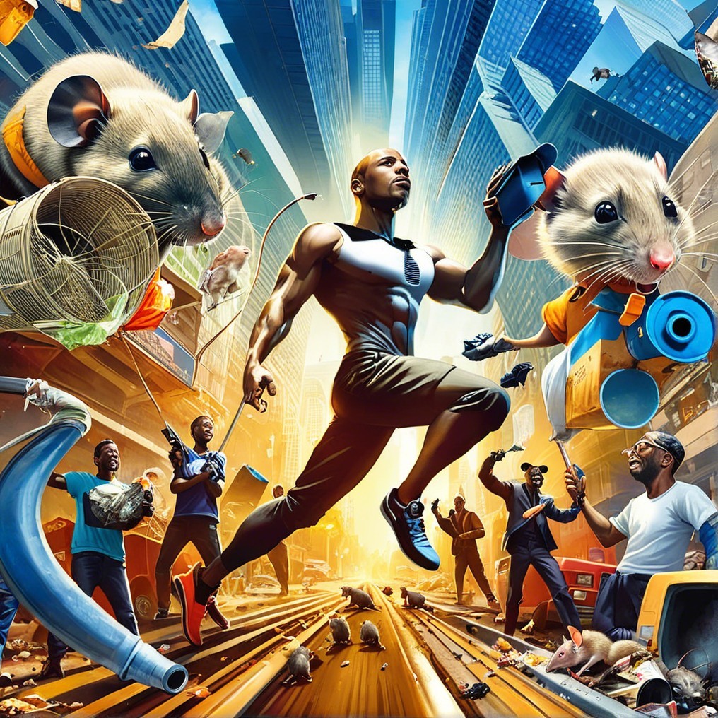 Muscular Man Leaps in Chaotic Urban Scene with Hamsters