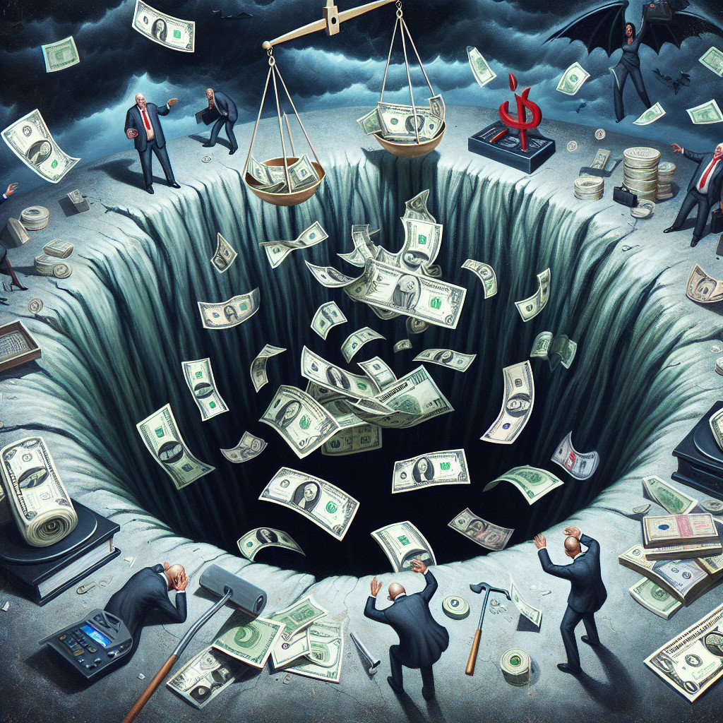 Swirling Pit of Wealth with Businessmen and Dragon Shadow