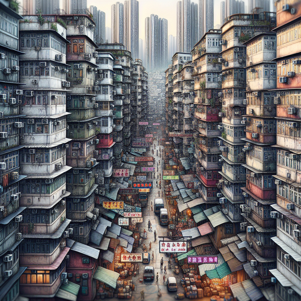 Densely Populated Urban Landscape with Market Stalls