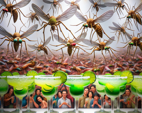 Surreal Scene of Green Margaritas and Oversized Mosquitoes