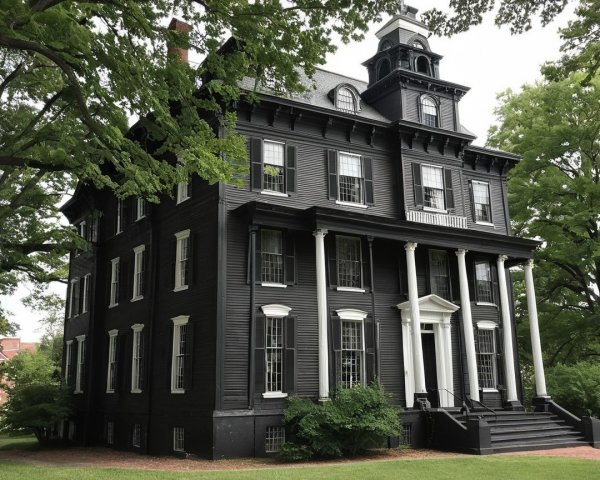 Black Mansion with White Columns and Lush Surroundings