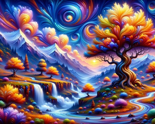 Vibrant Landscape with Colorful Trees and Waterfalls