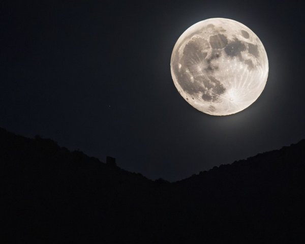 Full Moon Over Distant Mountains and Celestial Scene