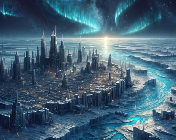Futuristic cityscape with auroras and icy landscape