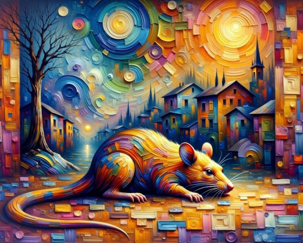 Colorful Rat in Whimsical Scene with Swirling Sky