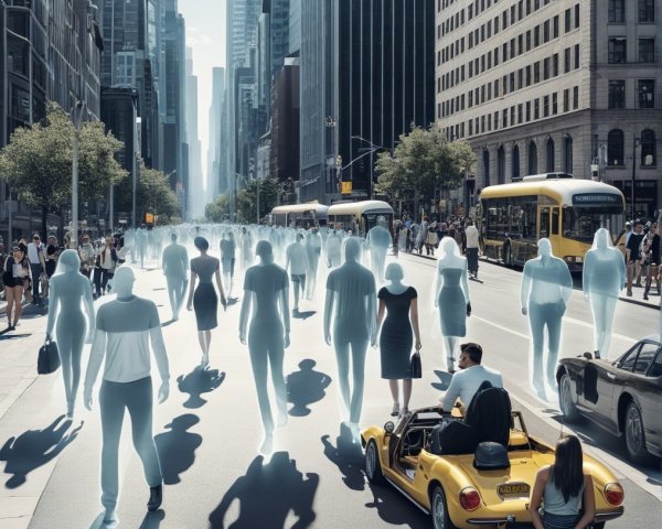 Urban street with translucent figures and skyscrapers