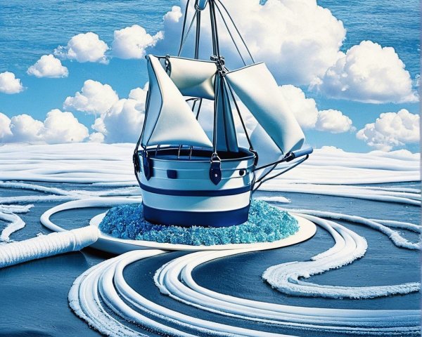 Whimsical Sailboat on Blue Waves and Clouds Scene