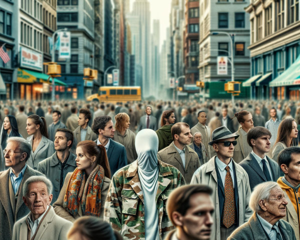 Diverse Urban Crowd with Camouflage Figure Contrast