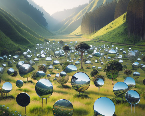 Circular Mirrors in a Lush Green Valley Landscape