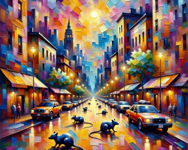 Vibrant City Street at Dusk with Urban Wildlife