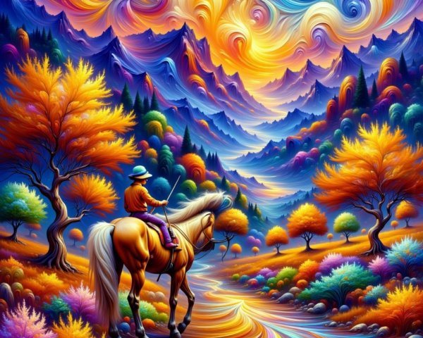 Vibrant landscape with rider on golden horse in forest