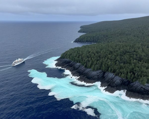 Cruise Ship Navigating Rugged Coastline and Turquoise Waves