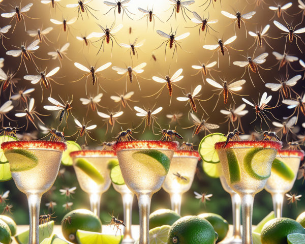 Margarita Glasses with Limes and Mosquitoes in Sunlight