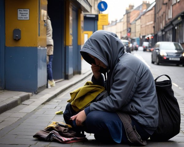 Crouched Individual Beside Clothing on Cobblestone Street