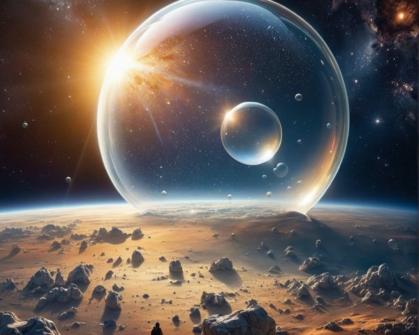 Cosmic Landscape with Alien Terrain and Starry Sky