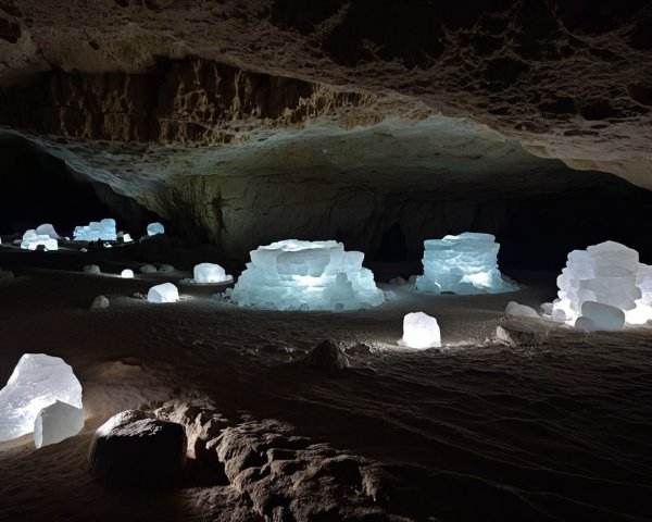Underground cave with blue light and ice formations