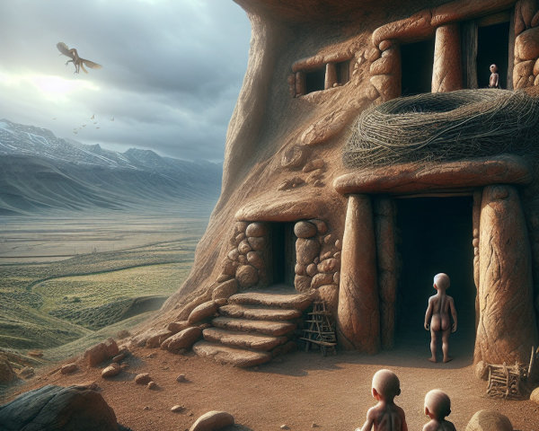 Surreal Cave Landscape with Humanoid Figures and Creature