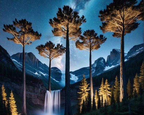 Serene Night Landscape with Stars and Waterfall