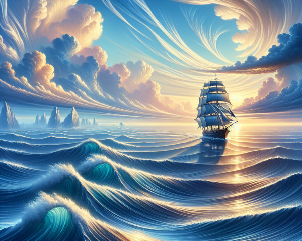 Majestic sailing ship on vibrant waves at sunset