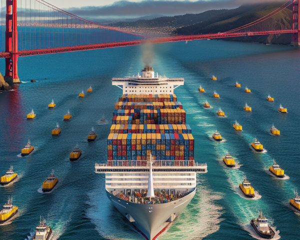 Cargo Ship Approaching Golden Gate Bridge with Tugboats