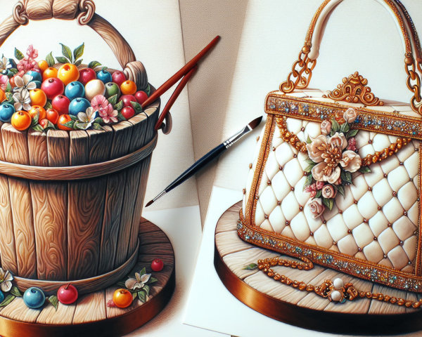 Drawings of Fruits in Bucket and Elegant Handbag