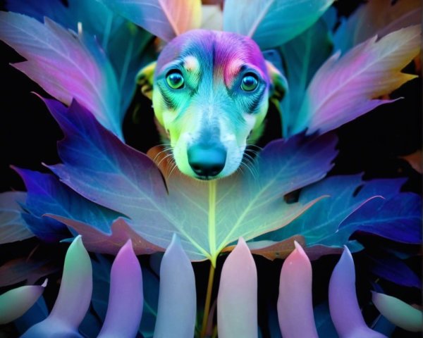 Vibrant Dog Amid Multicolored Leaves and Abstract Shapes