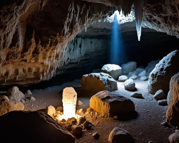 Underground Cave with Light Beam and Stalactites