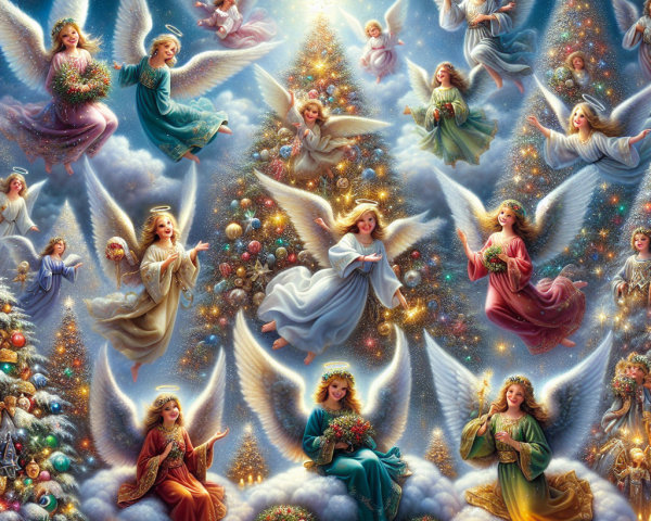 Digital Painting of Christmas Angels in Festive Scene