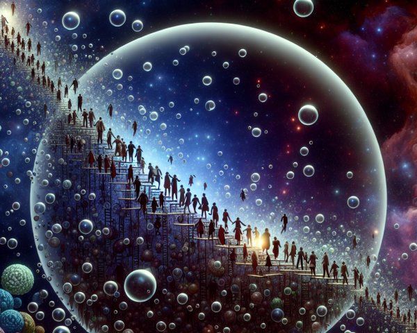 Surreal Cosmic Landscape with Ascending Silhouettes