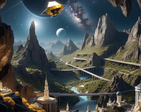 Sci-Fi Landscape with Mountains and Futuristic Structures