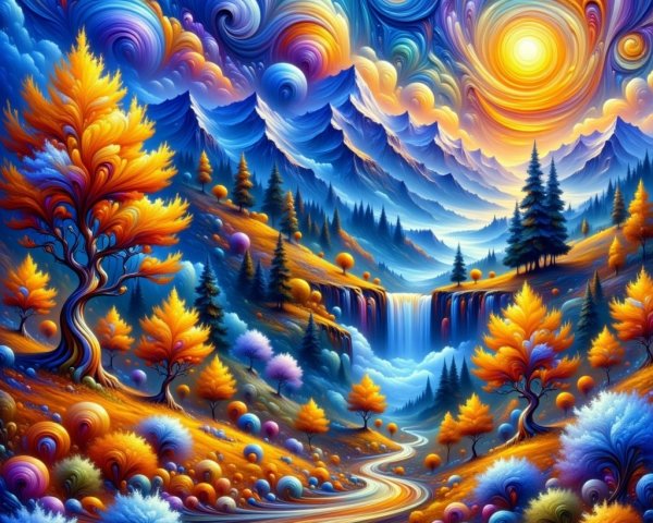 Vibrant Landscape with Majestic Mountains and Waterfall