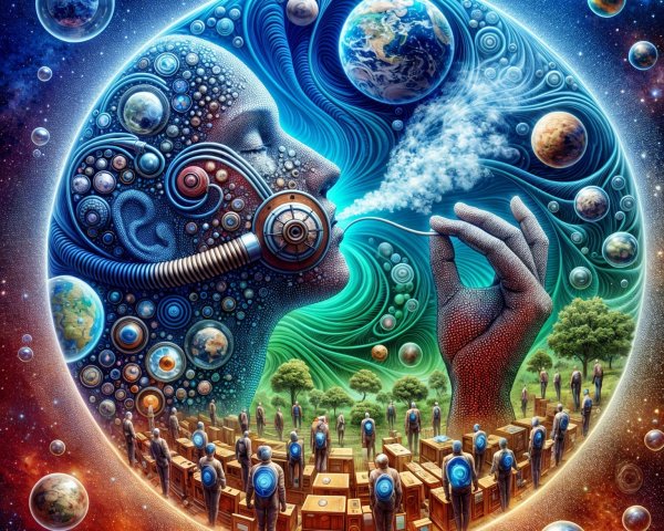 Cosmic Scene with Human Face and Abstract Figures