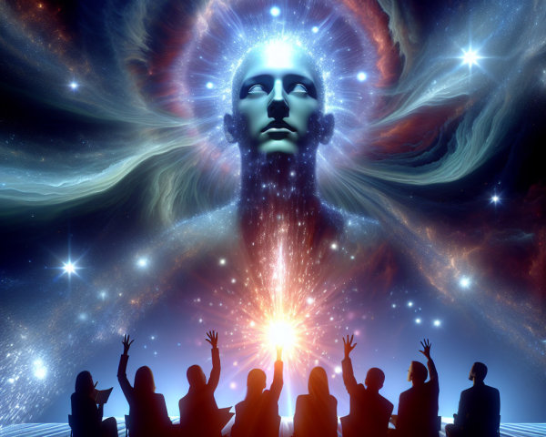 Silhouetted Figures in Cosmic Circle Under Luminous Face