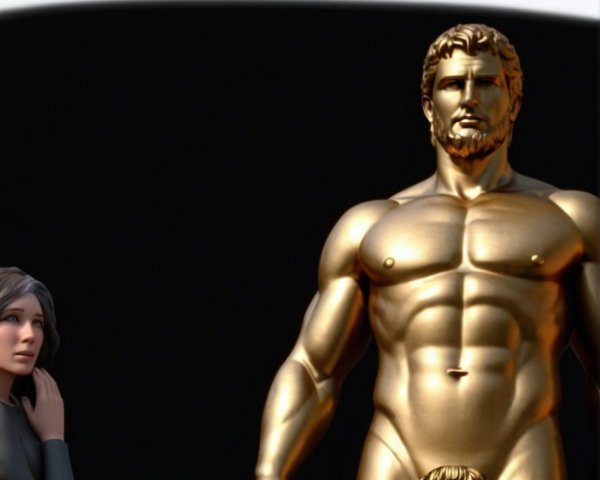 Golden statue of a muscular figure with contemplative woman